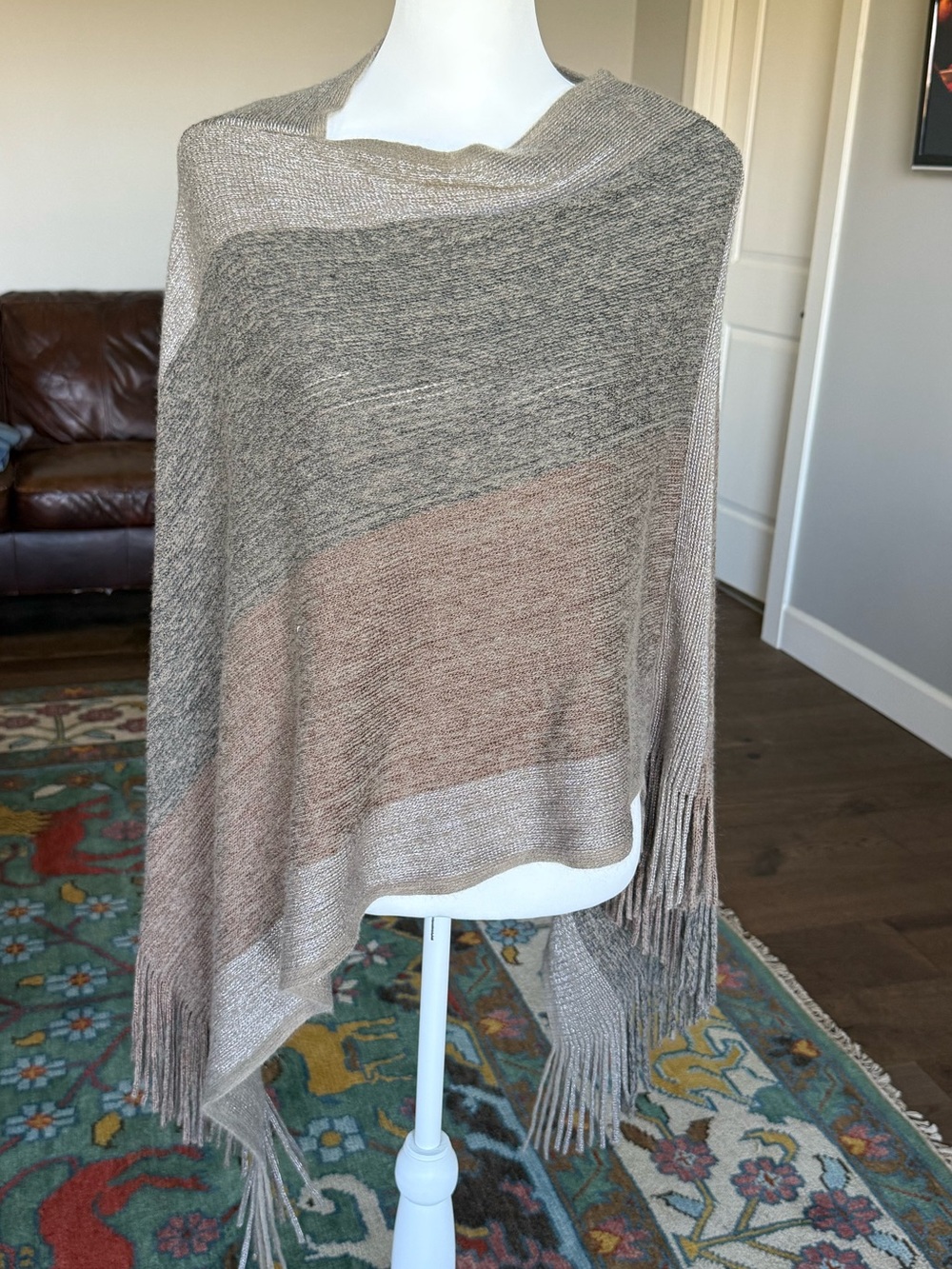 Jack & Missy Neutral Tone Fringe Knit Pullover Poncho, Beige, Charcoal, Taupe OS